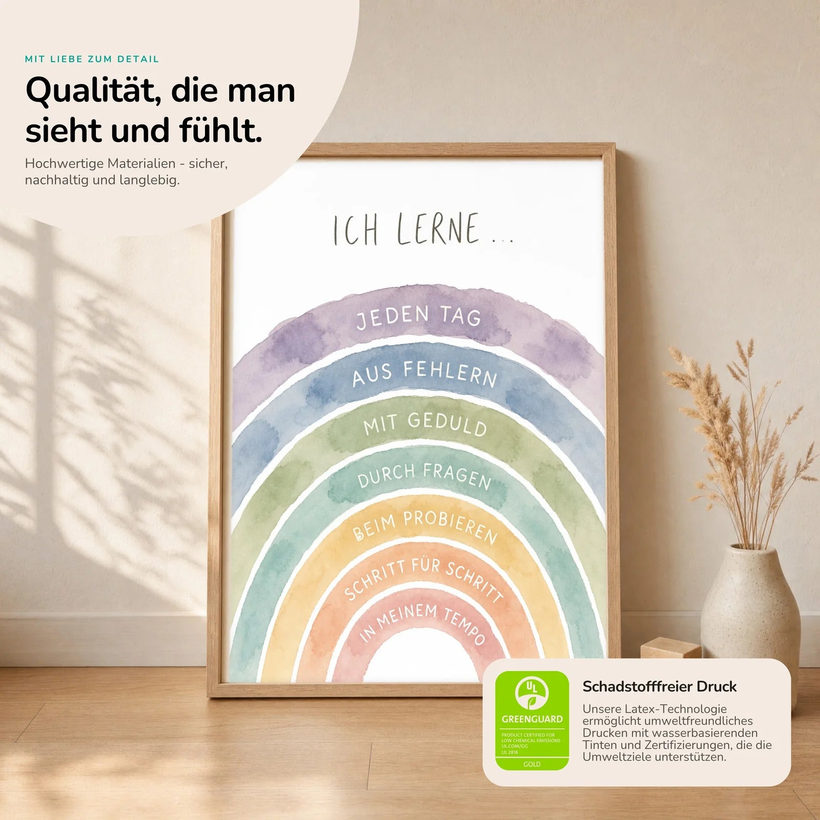 Affirmationsposter Kinderzimmer Regenbogen Ich lerne, Nahaufnahme der Affirmationen