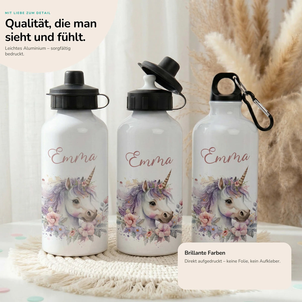 Personalisierte Trinkflasche Kinder – Einhorn Blumenkranz