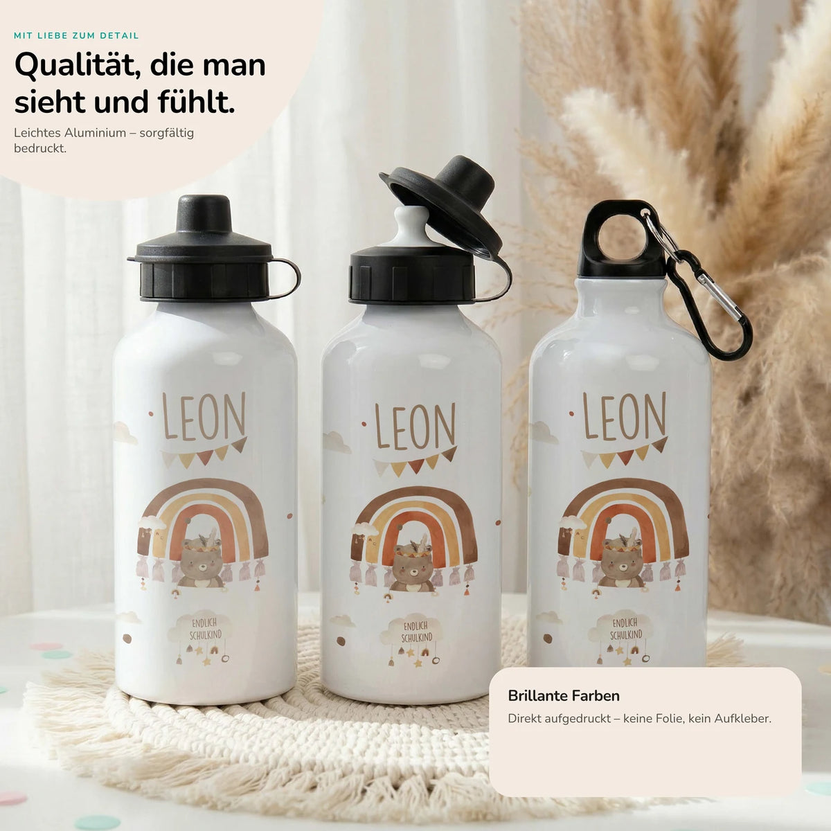 Personalisierte Trinkflasche Kinder – Bär Regenbogen Schulkind