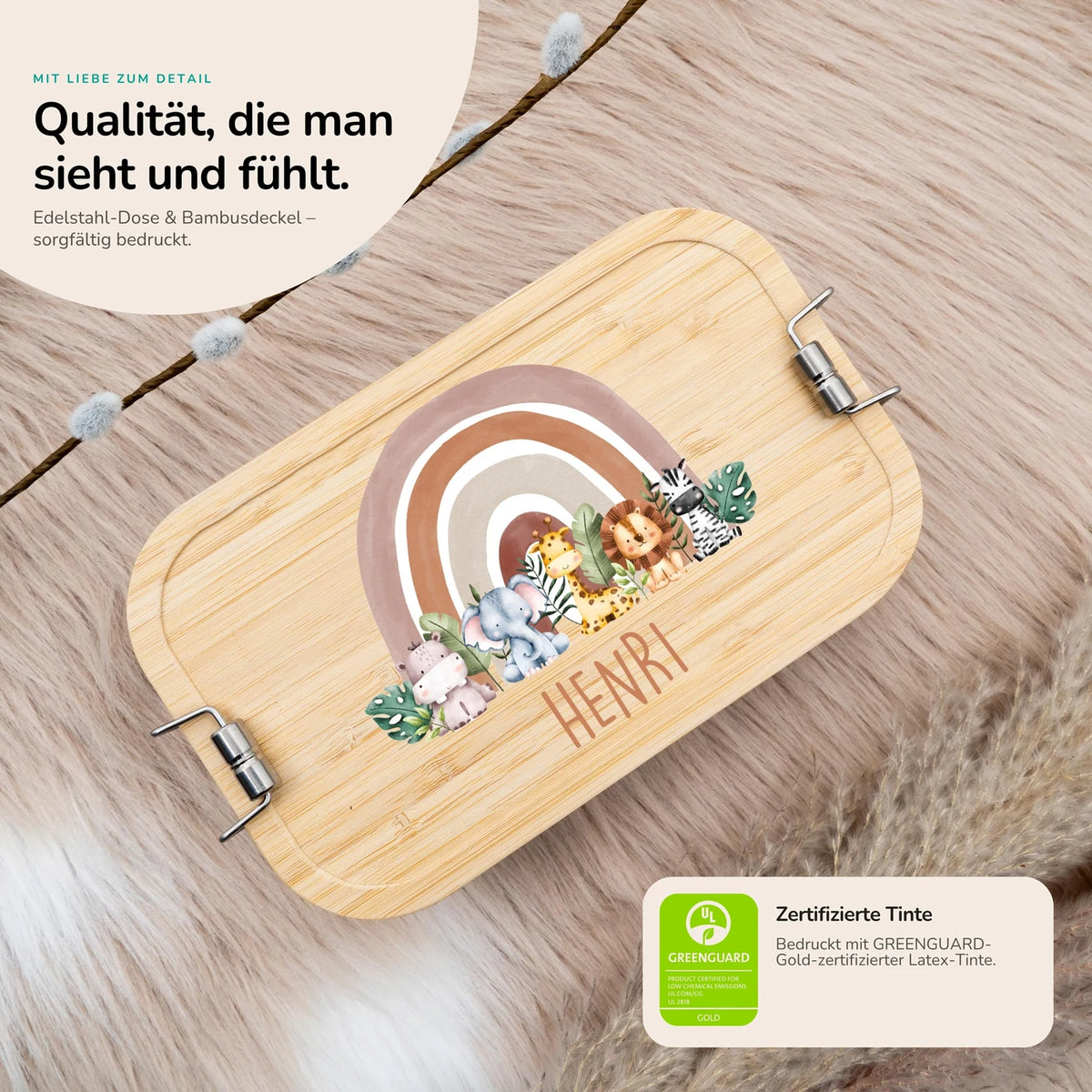 Brotdose Kinder personalisiert - Tierfamilie unter Regenbogen