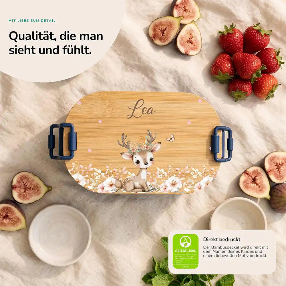 Brotdose Kinder personalisiert Rehkitz Geweih, Bambusdeckel direkt bedruckt mit Wunschname