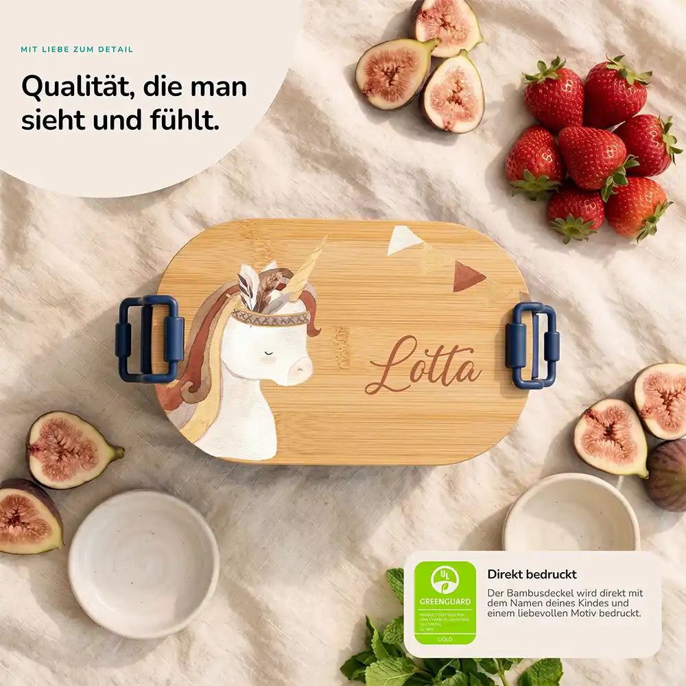 Brotdose Kinder personalisiert Einhorn Boho, Bambusdeckel direkt bedruckt mit Wunschname