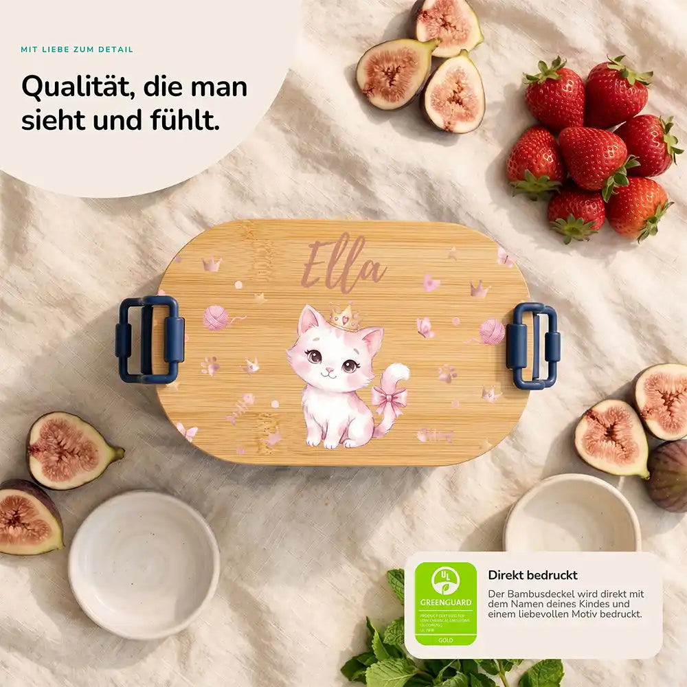 Brotdose Kinder personalisiert Katze mit Krone, Bambusdeckel direkt bedruckt mit Wunschname