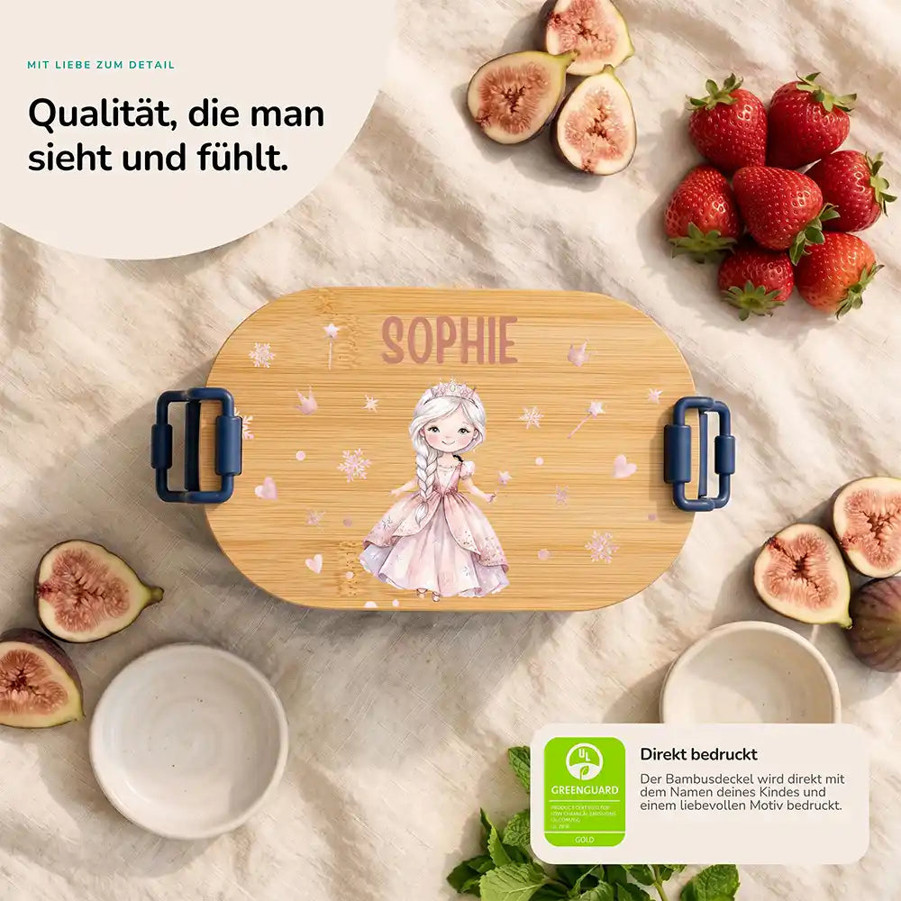 Brotdose Kinder personalisiert Prinzessin, Bambusdeckel direkt bedruckt mit Wunschname