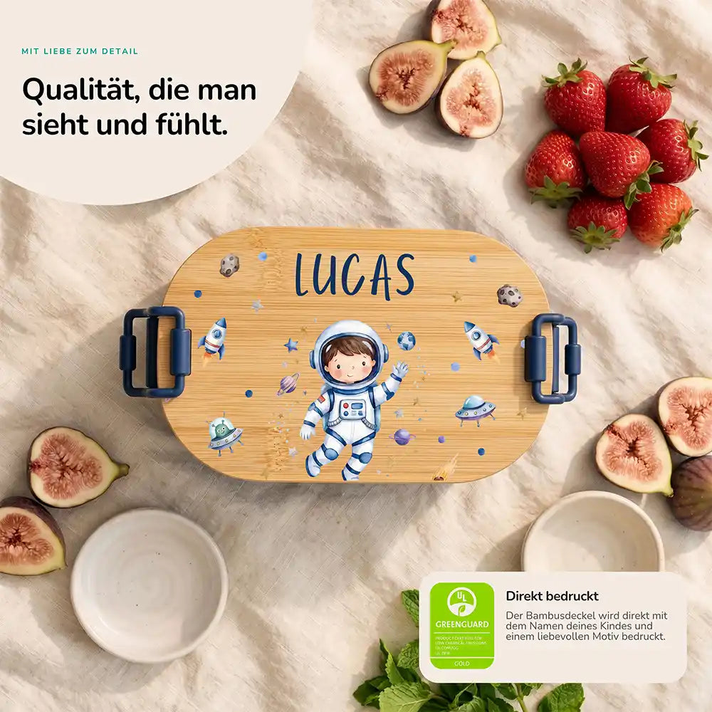 Brotdose Kinder personalisiert Astronaut, Bambusdeckel direkt bedruckt mit Wunschname