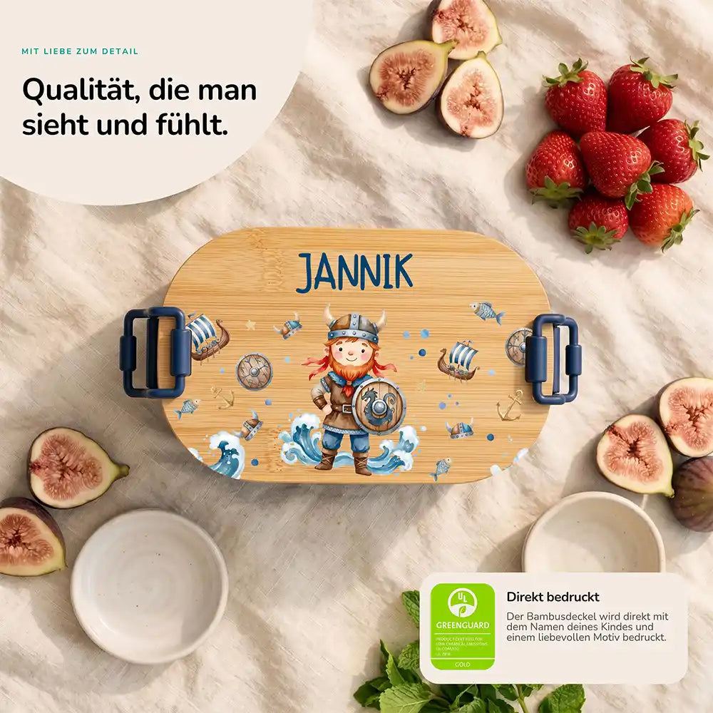 Brotdose Kinder personalisiert Wikinger, Bambusdeckel direkt bedruckt mit Wunschname