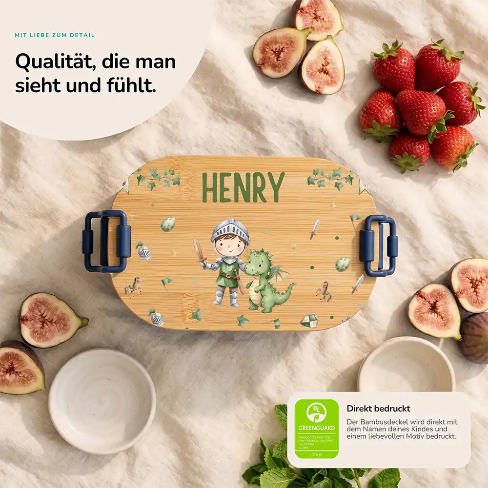 Brotdose Kinder personalisiert Ritter mit Drache, Bambusdeckel direkt bedruckt mit Wunschname