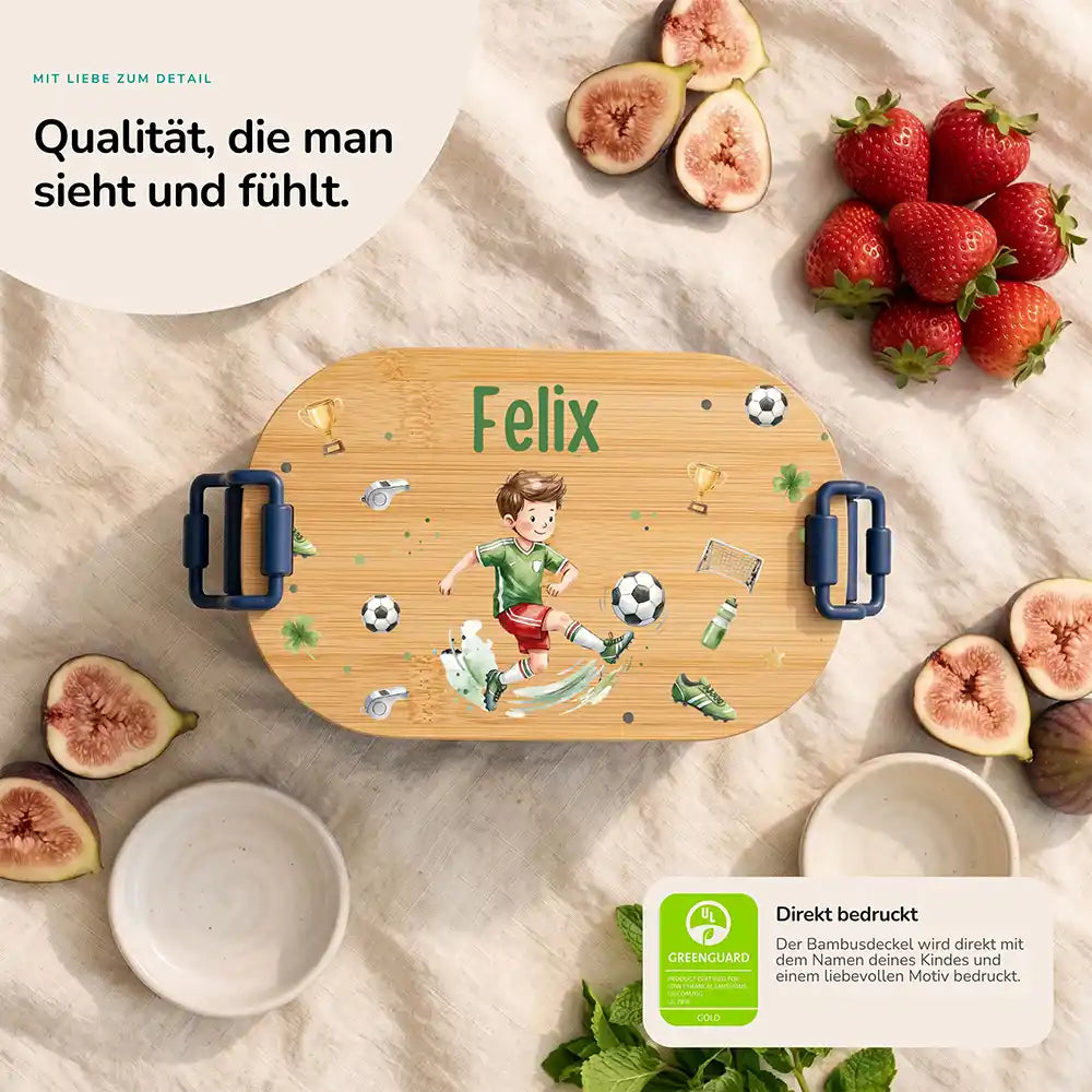 Brotdose Kinder personalisiert Fußballer, Bambusdeckel direkt bedruckt mit Wunschname