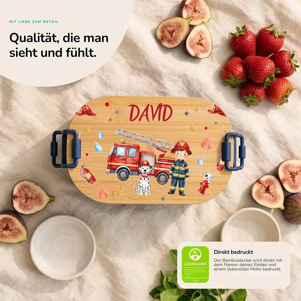 Brotdose Kinder personalisiert Feuerwehr, Bambusdeckel direkt bedruckt mit Wunschname