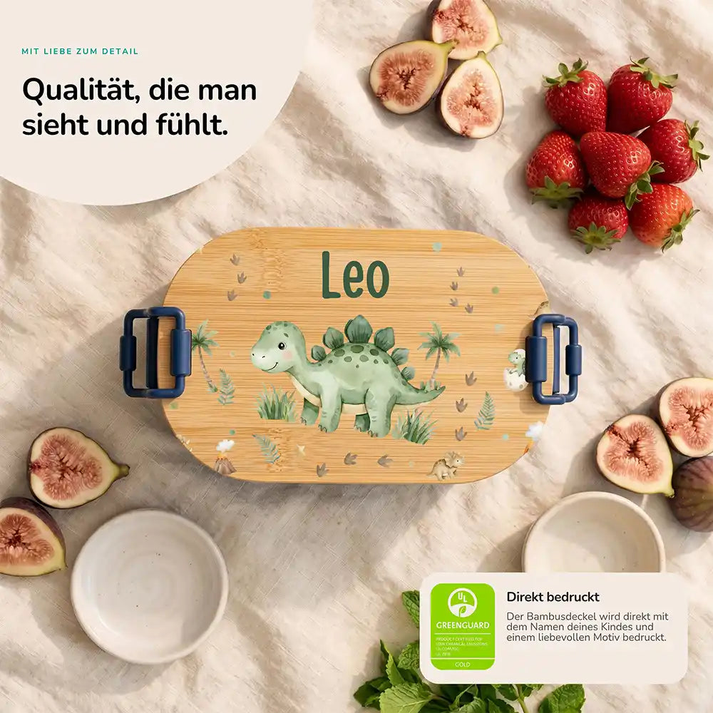 Brotdose Kinder personalisiert Dinosaurier, Bambusdeckel direkt bedruckt mit Wunschname