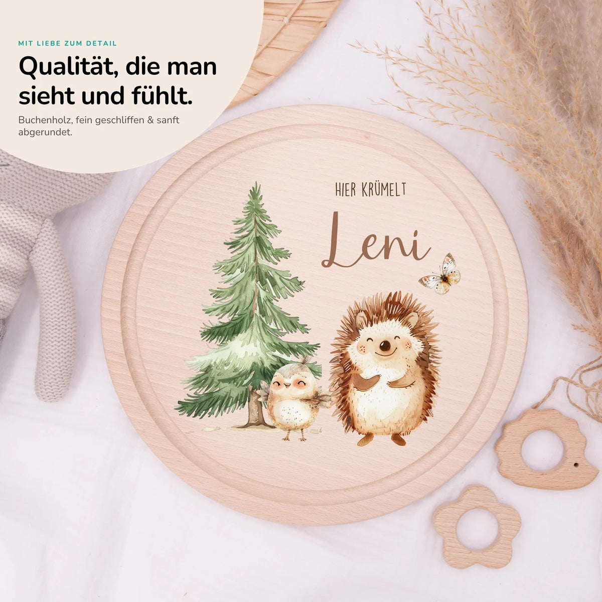 Rundes personalisiertes Frühstücksbrettchen Igel mit Namen für Kinder