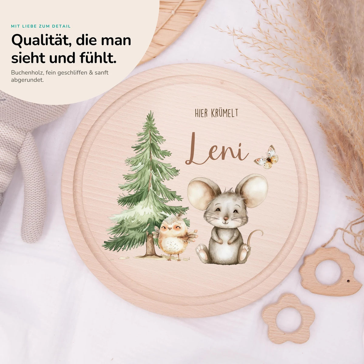 Rundes personalisiertes Frühstücksbrettchen Springmaus mit Namen für Kinder