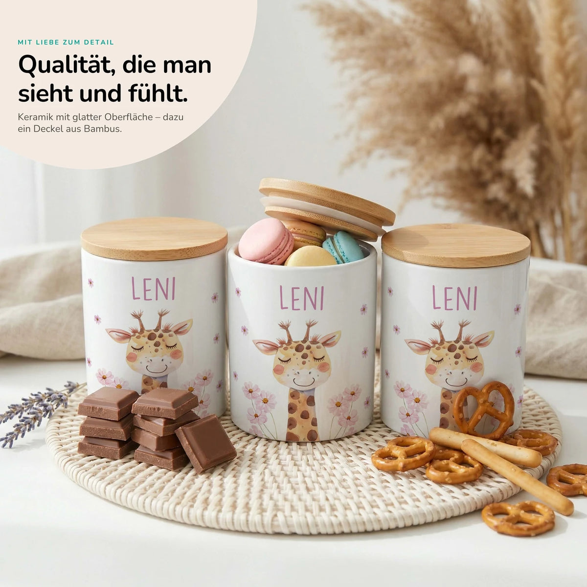 Personalisierte Keksdose Giraffe Blumen – Keramik & Bambus mit Wunschname