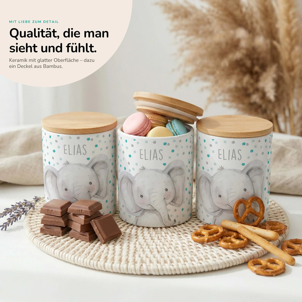Personalisierte Keksdose Elefant Konfetti – Keramik & Bambus mit Wunschname