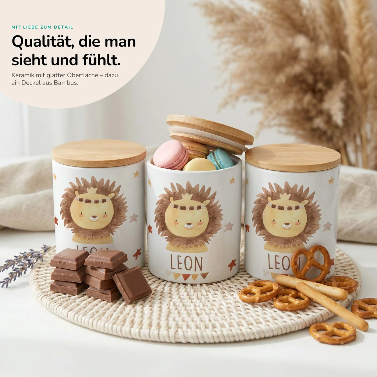 Personalisierte Keksdose Löwe Boho – Keramik & Bambus mit Wunschname