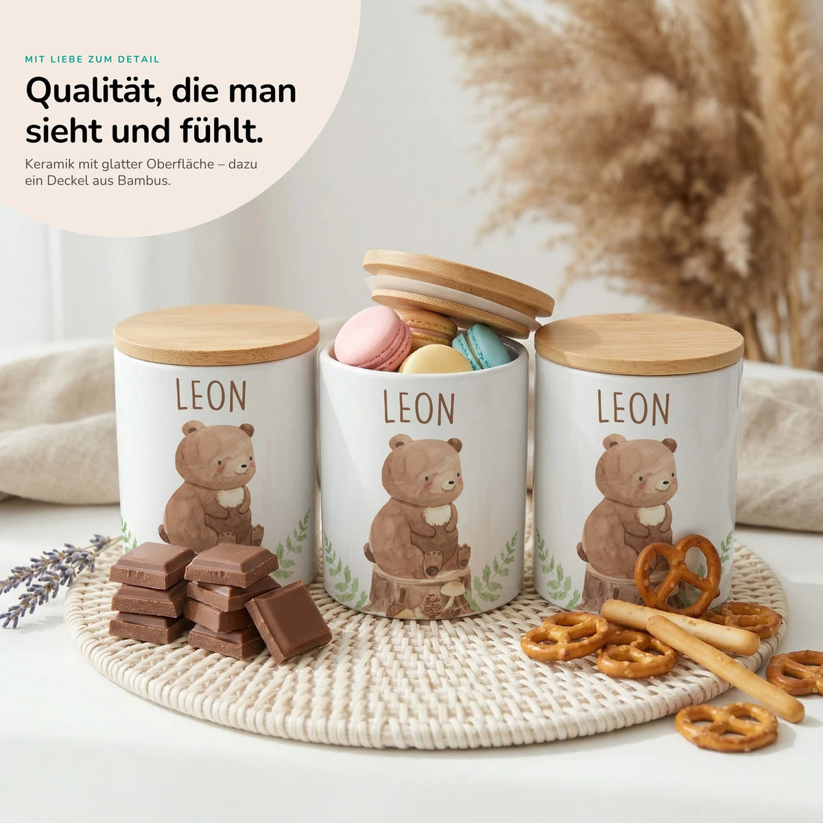 Personalisierte Keksdose Bär Wald – Keramik & Bambus mit Wunschname