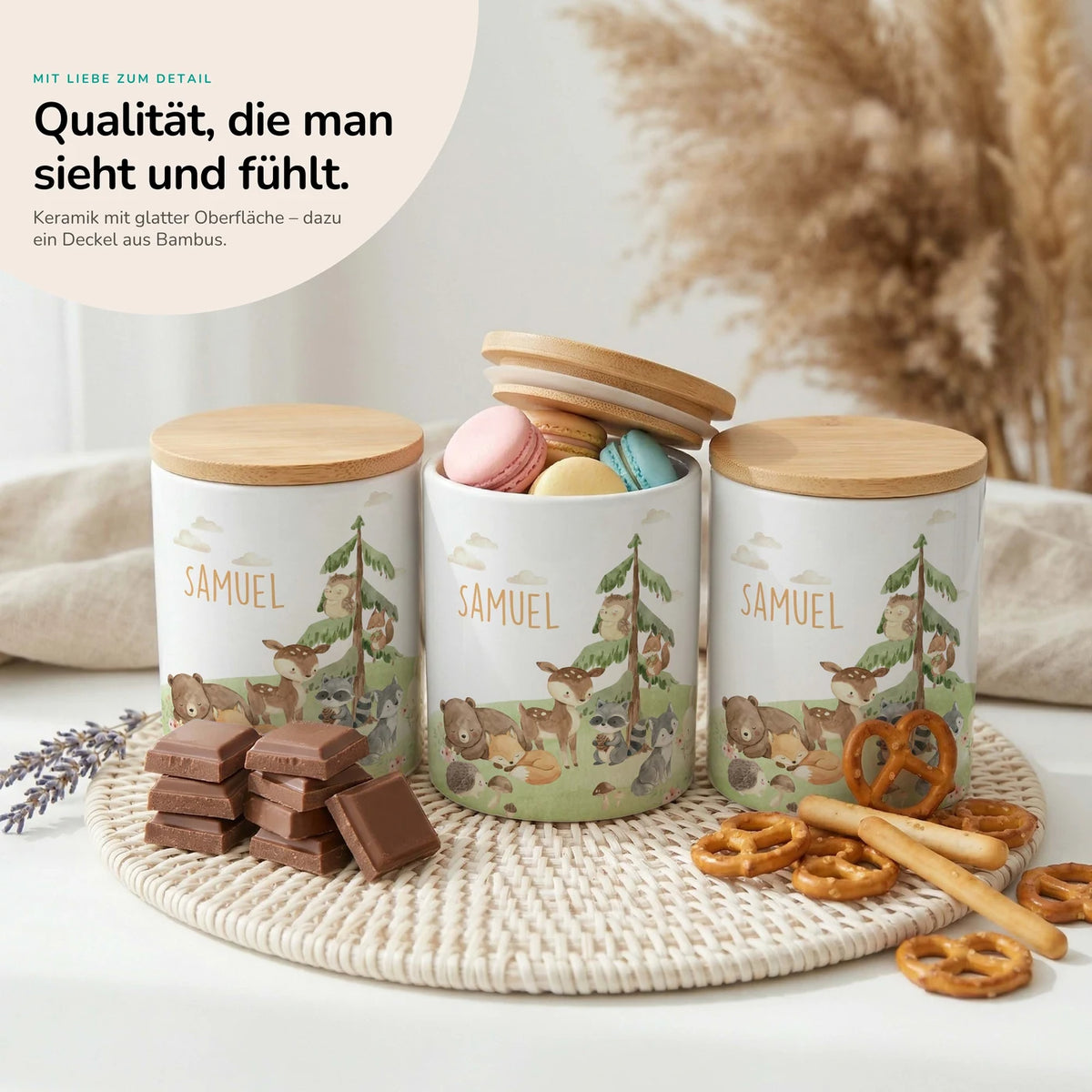 Personalisierte Keksdose Waldszene V – Keramik & Bambus mit Wunschname