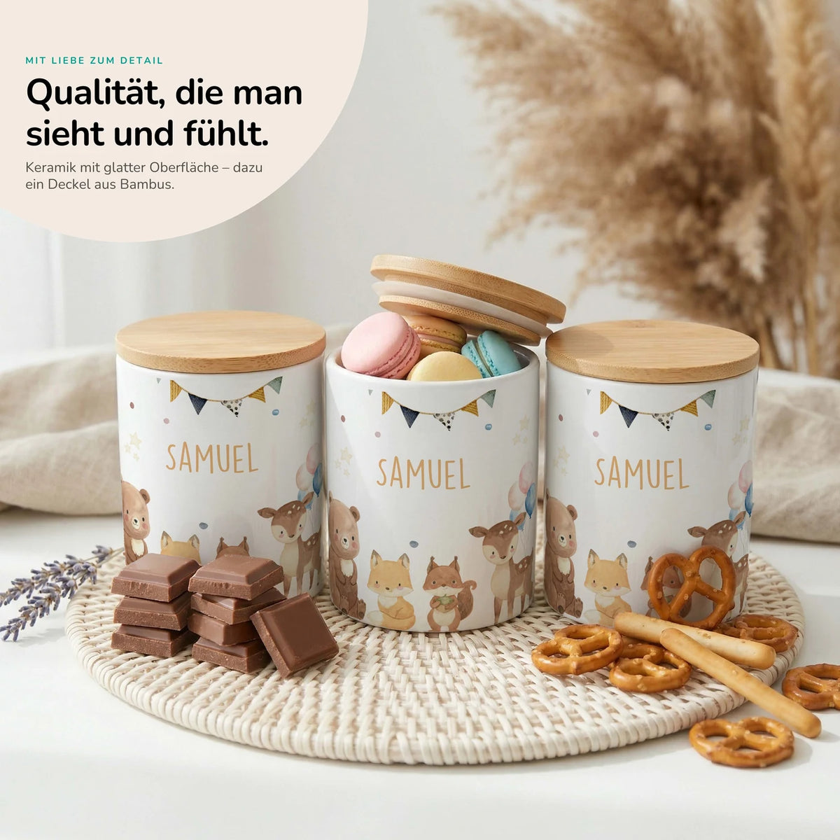 Personalisierte Keksdose Waldtiere Party – Keramik & Bambus mit Wunschname