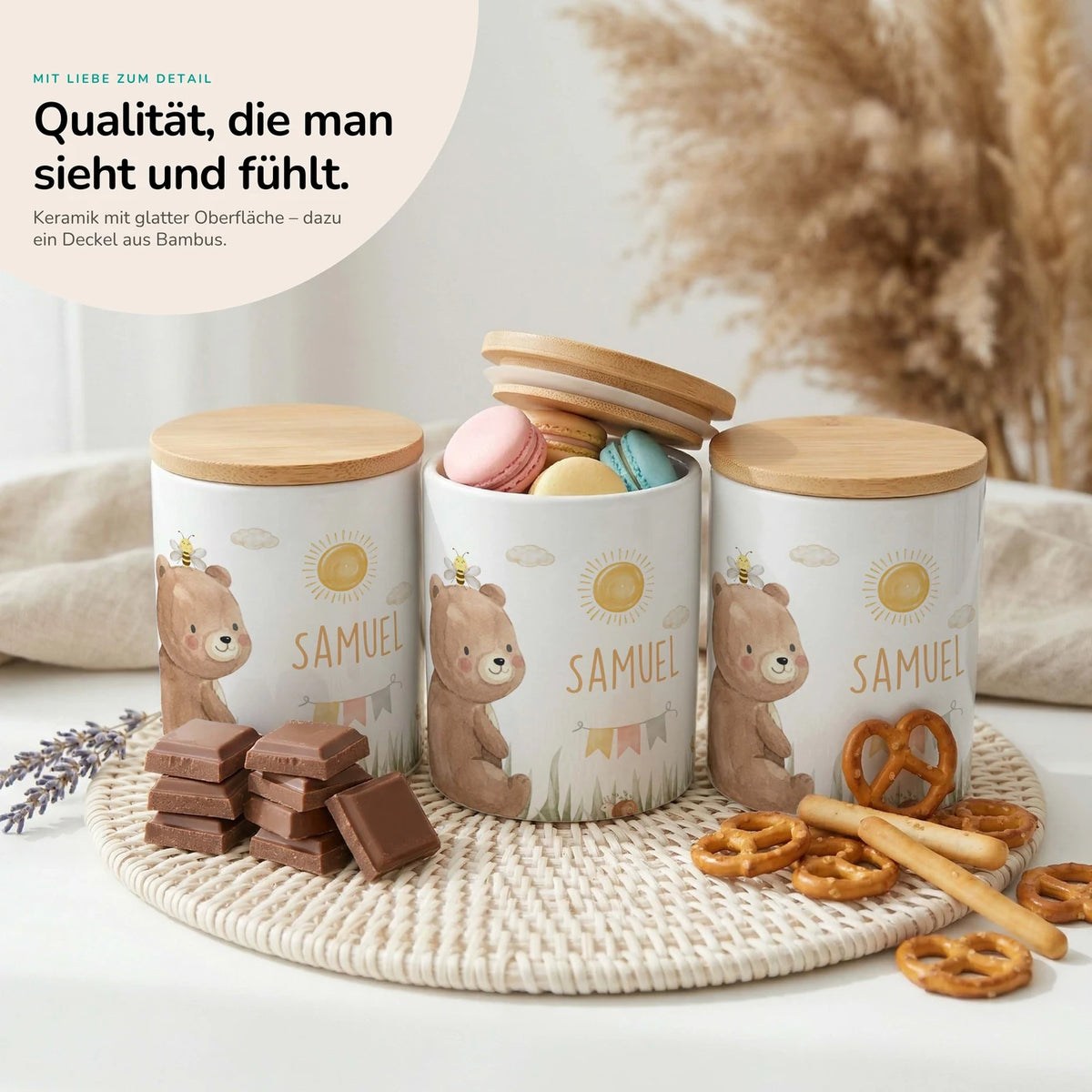 Personalisierte Keksdose Bär Sommer – Keramik & Bambus mit Wunschname