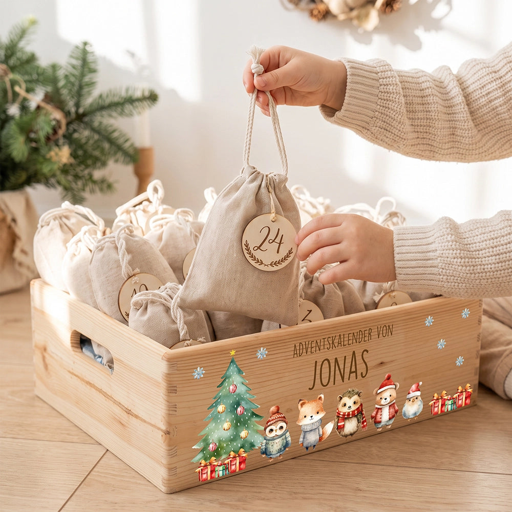 Adventskalender zum selbst Befüllen, Jutesäckchen Nummer 24 wird herausgenommen