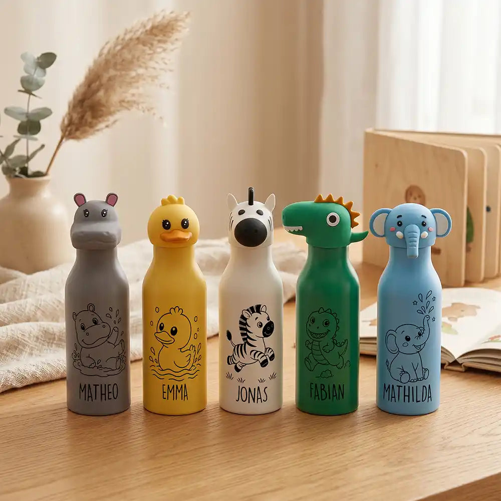 Personalisierte Trinkflasche Kinder Dino, Thermoflasche mit Name und Tierdeckel