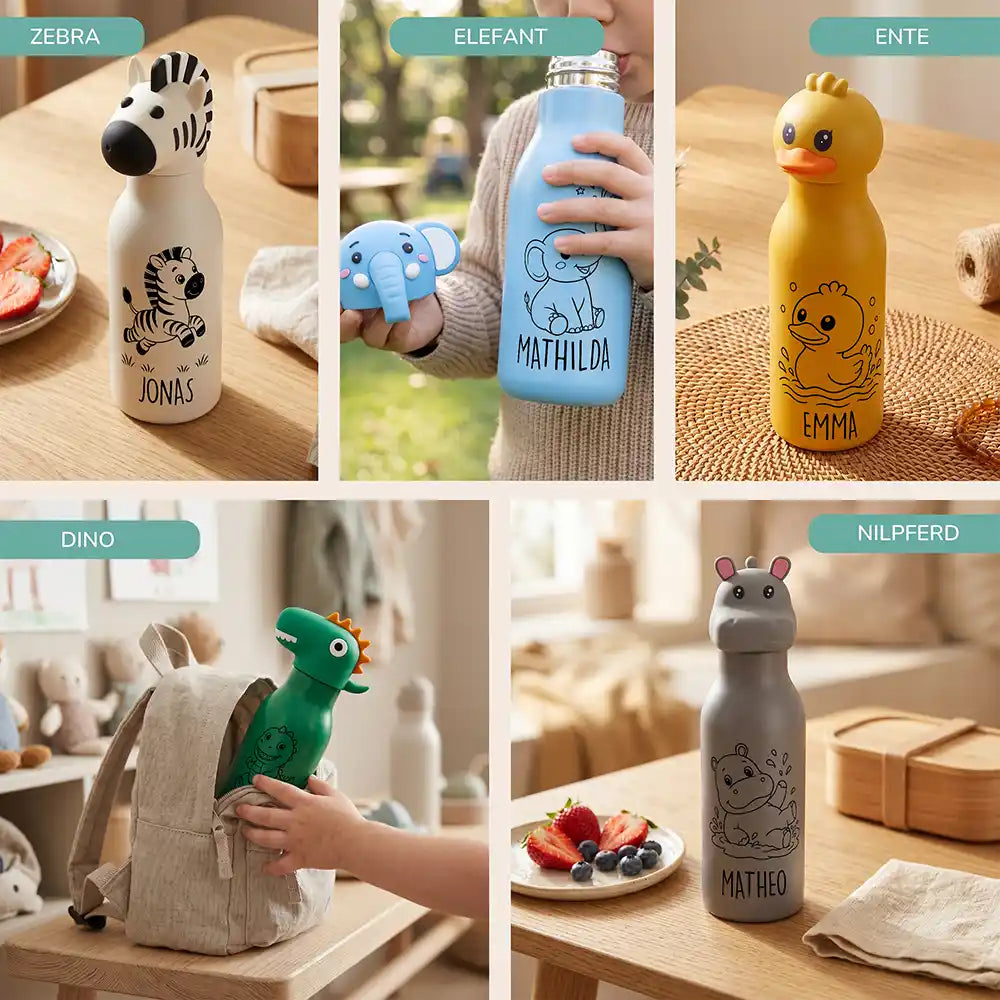 Personalisierte Trinkflasche Kinder Zebra, Thermoflasche mit Name und Tierdeckel
