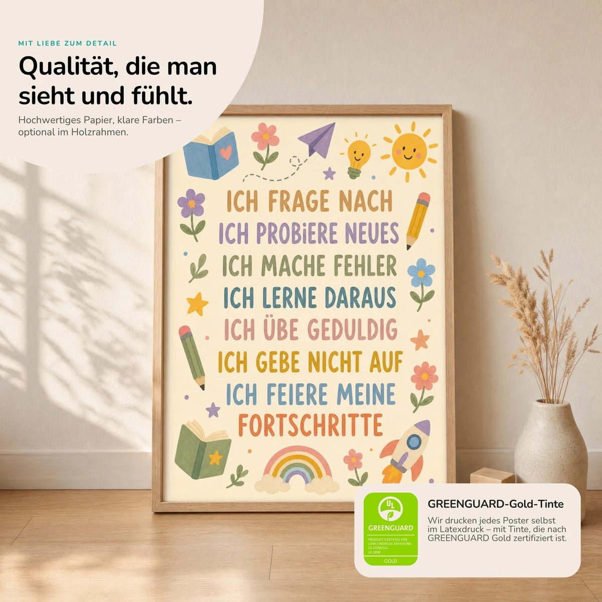 Kinderposter „Blumenwiese Ich frage nach“ im Holzrahmen auf dem Regal – Poster mit Sprüchen fürs Kinderzimmer
