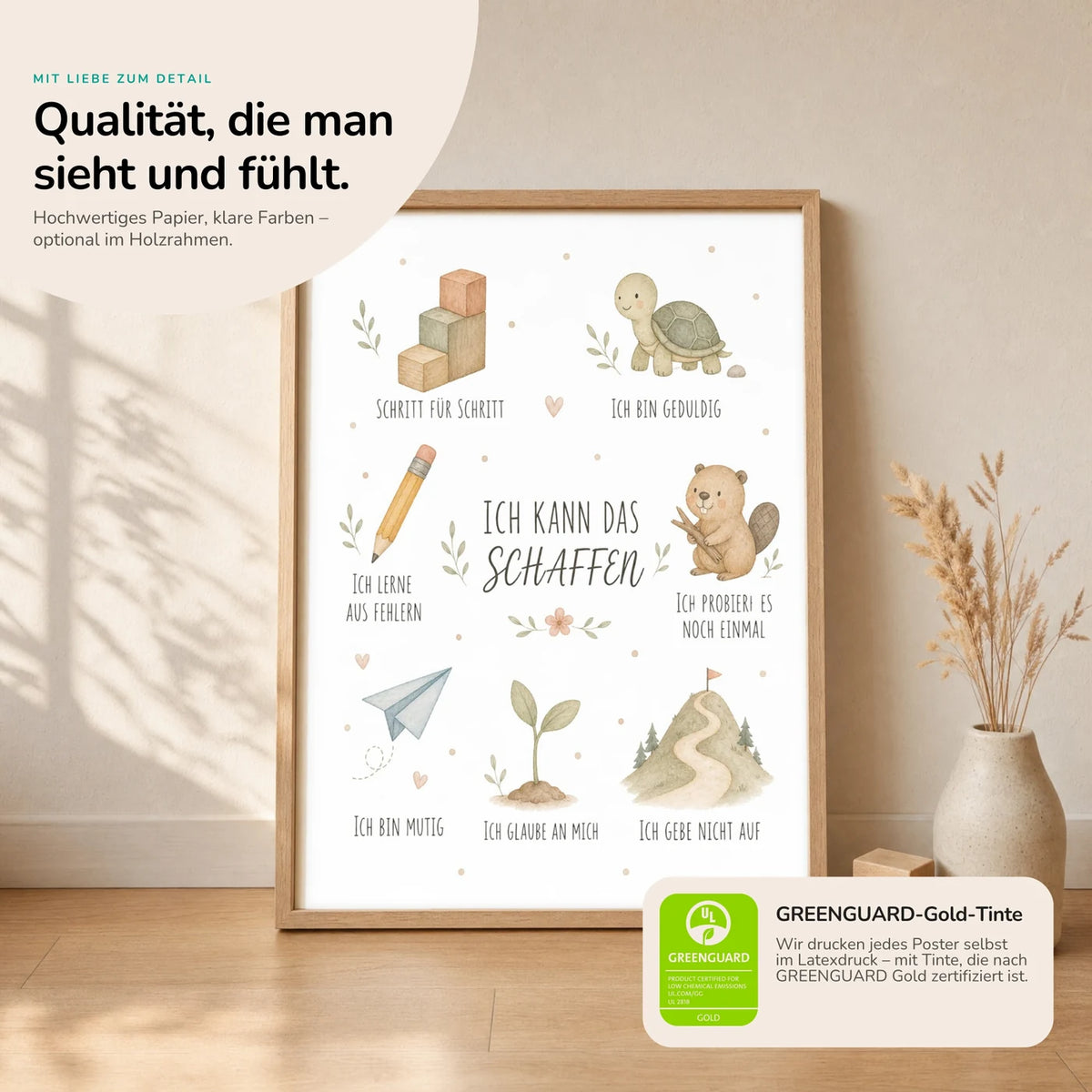 Kinderposter „Collage Ich kann das schaffen“ im Holzrahmen auf dem Regal – Poster mit Sprüchen fürs Kinderzimmer