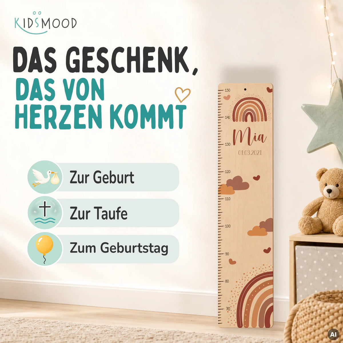 Messlatte Kinder Holz & Aluverbund - Regenbogen & Wolken