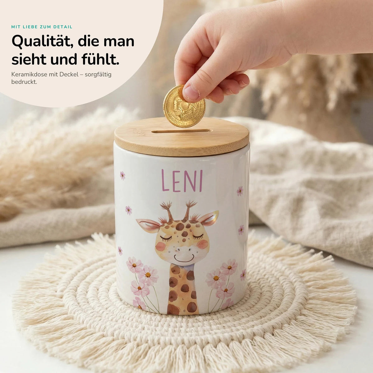 Personalisierte Spardose Giraffe Blumen – Keramik & Bambus mit Wunschname