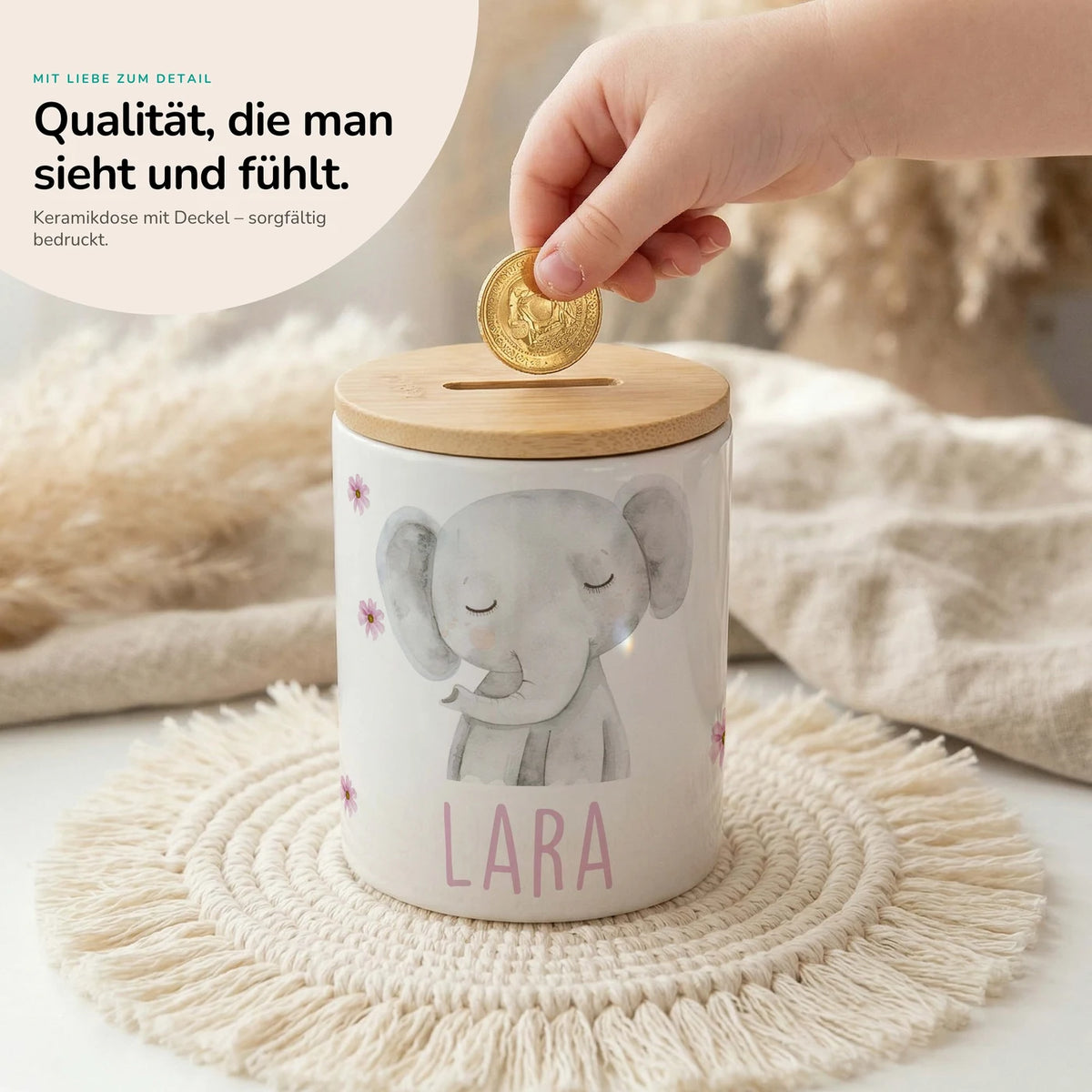 Personalisierte Spardose Elefant Blumen – Keramik & Bambus mit Wunschname