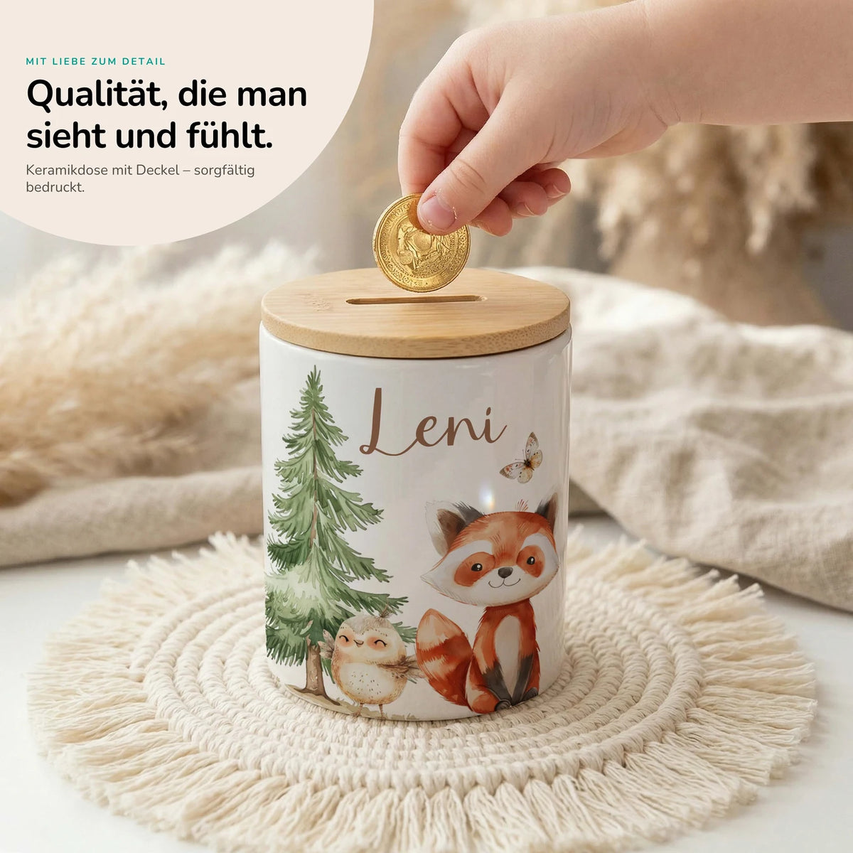 Personalisierte Spardose Roter Panda & Eule – Keramik & Bambus mit Wunschname