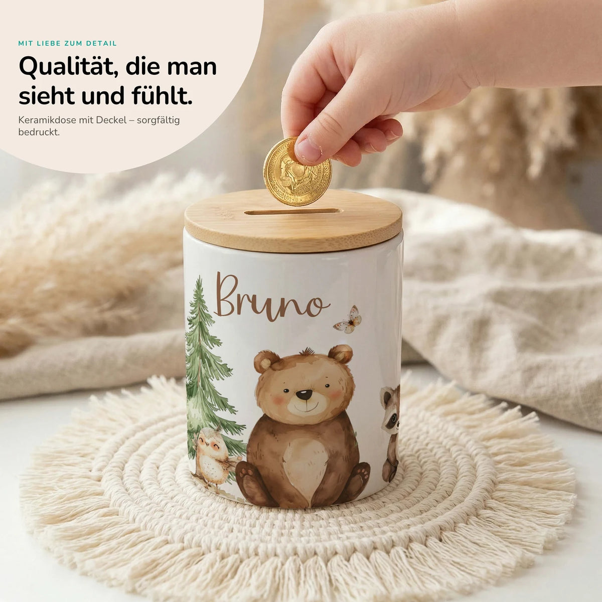 Personalisierte Spardose Bär & Waschbär – Keramik & Bambus mit Wunschname