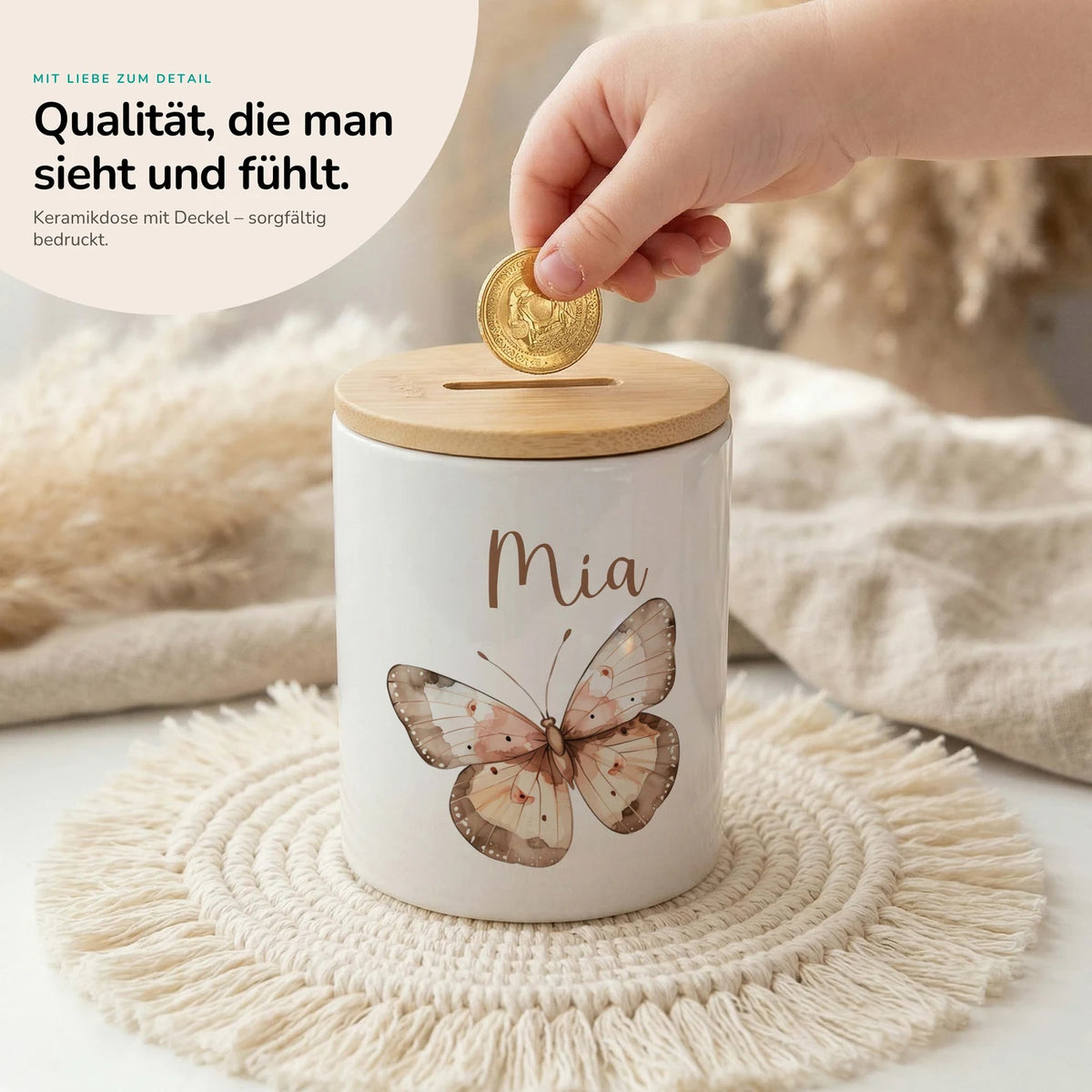 Personalisierte Spardose Schmetterling – Keramik & Bambus mit Wunschname