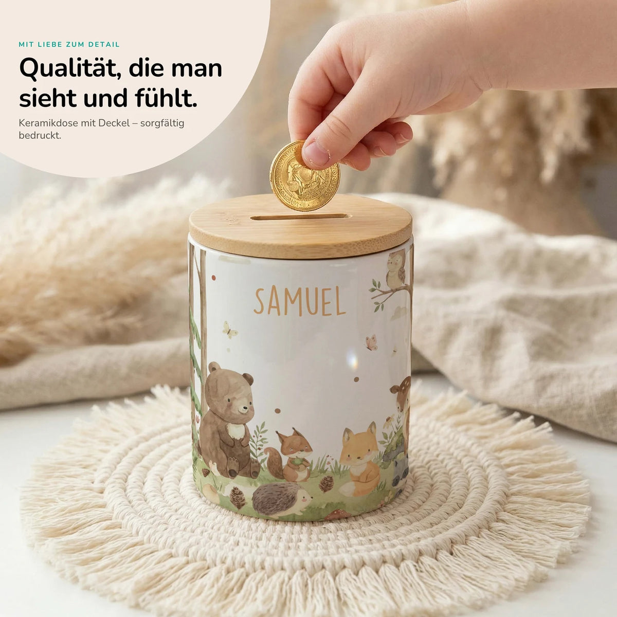 Personalisierte Spardose Waldfreunde I – Keramik & Bambus mit Wunschname