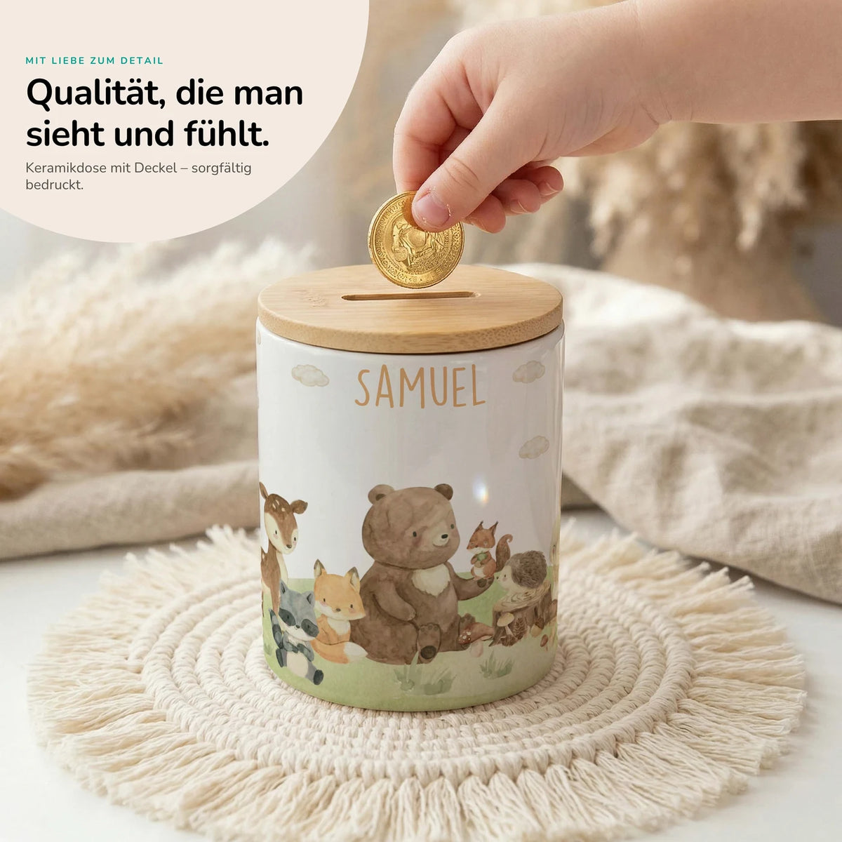 Personalisierte Spardose Waldfreunde IV – Keramik & Bambus mit Wunschname