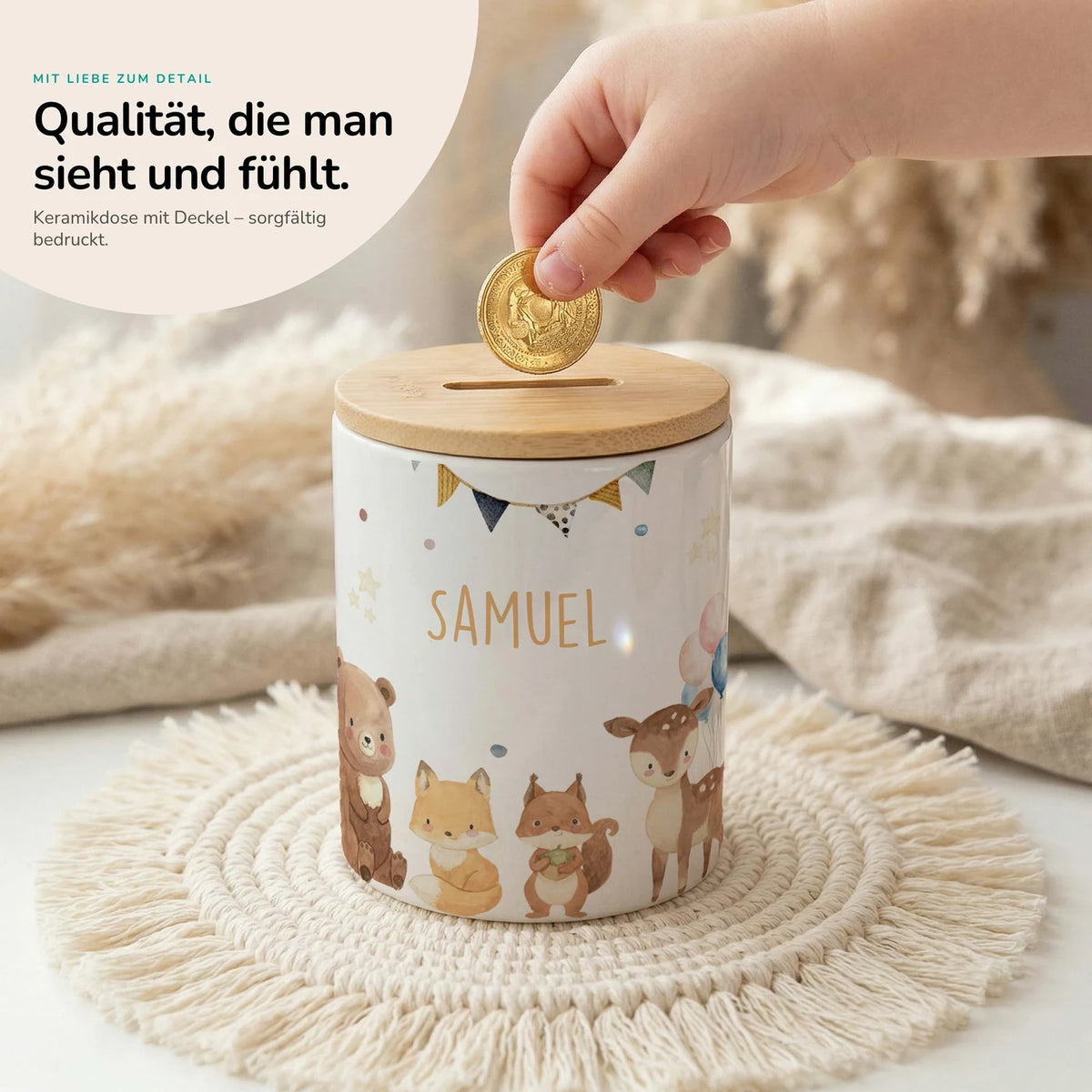 Personalisierte Spardose Waldtiere Party – Keramik & Bambus mit Wunschname