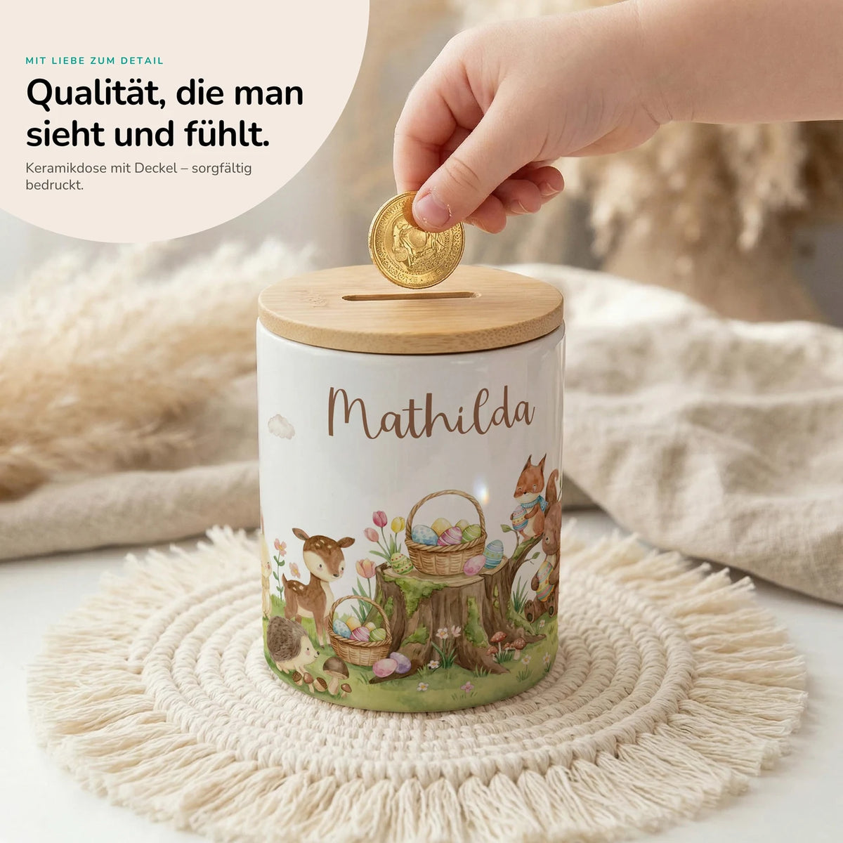 Personalisierte Spardose Ostern Rehkitz – Keramik & Bambus mit Wunschname