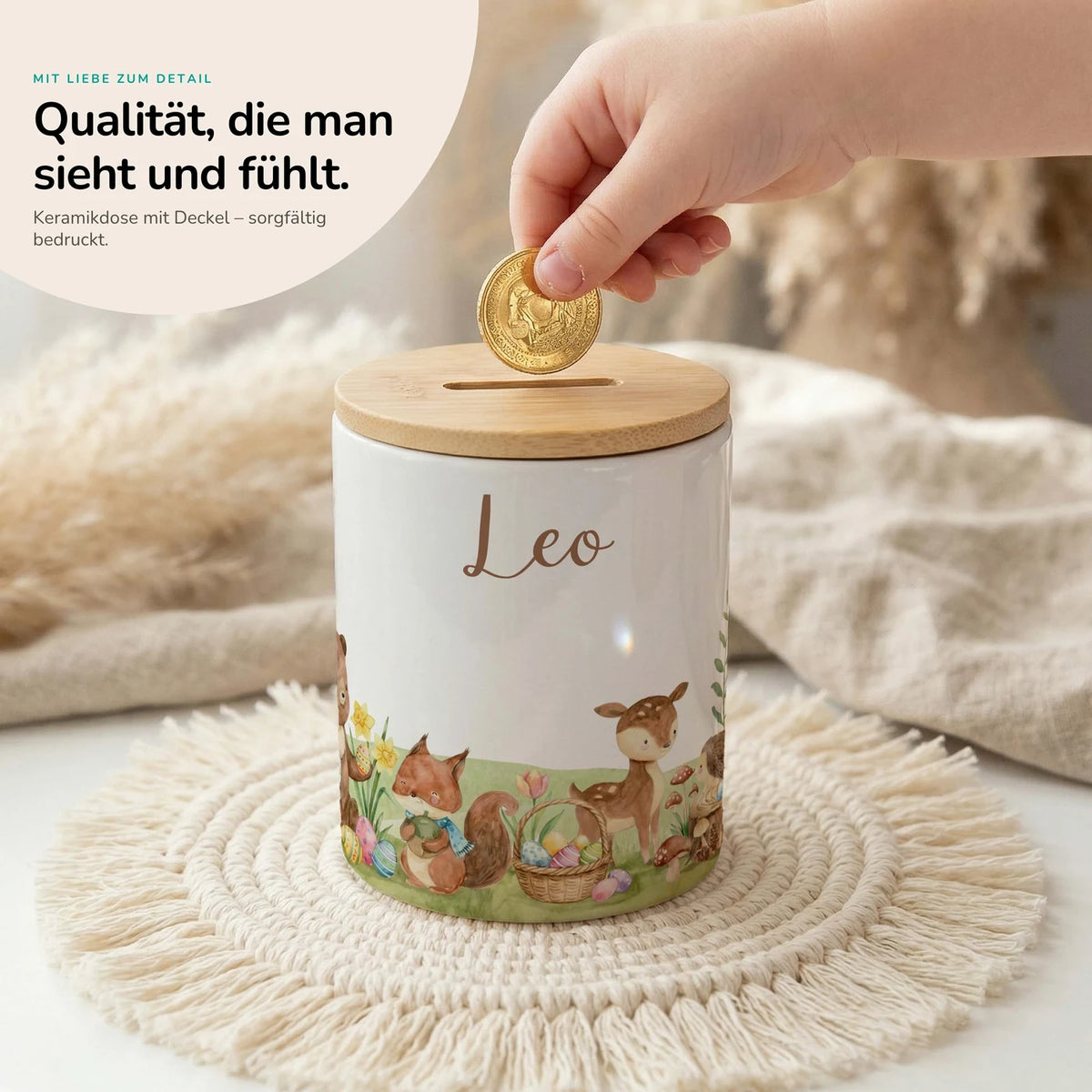 Personalisierte Spardose Ostern Frühlingswiese – Keramik & Bambus mit Wunschname