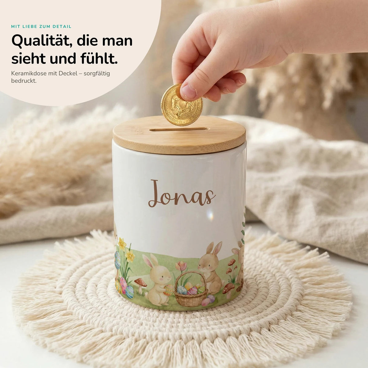 Personalisierte Spardose Ostern Hasen – Keramik & Bambus mit Wunschname