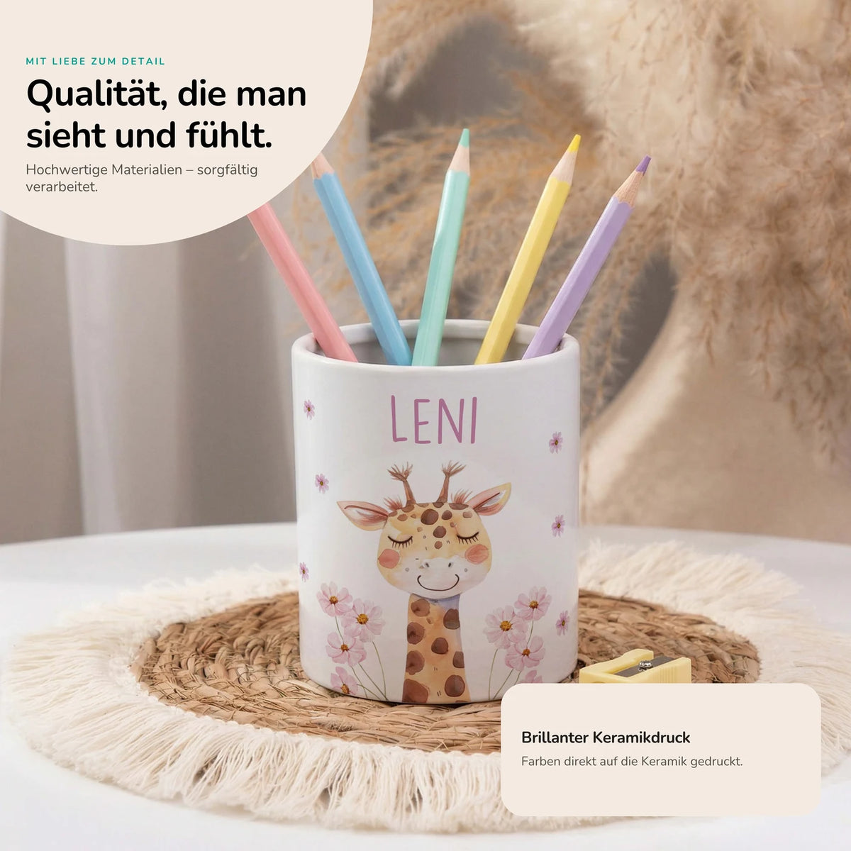Personalisierter Stiftehalter Giraffe Blumen – Keramik mit Wunschname