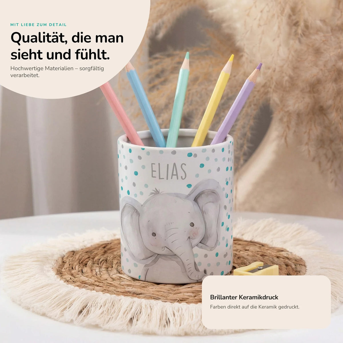 Personalisierter Stiftehalter Elefant Konfetti – Keramik mit Wunschname