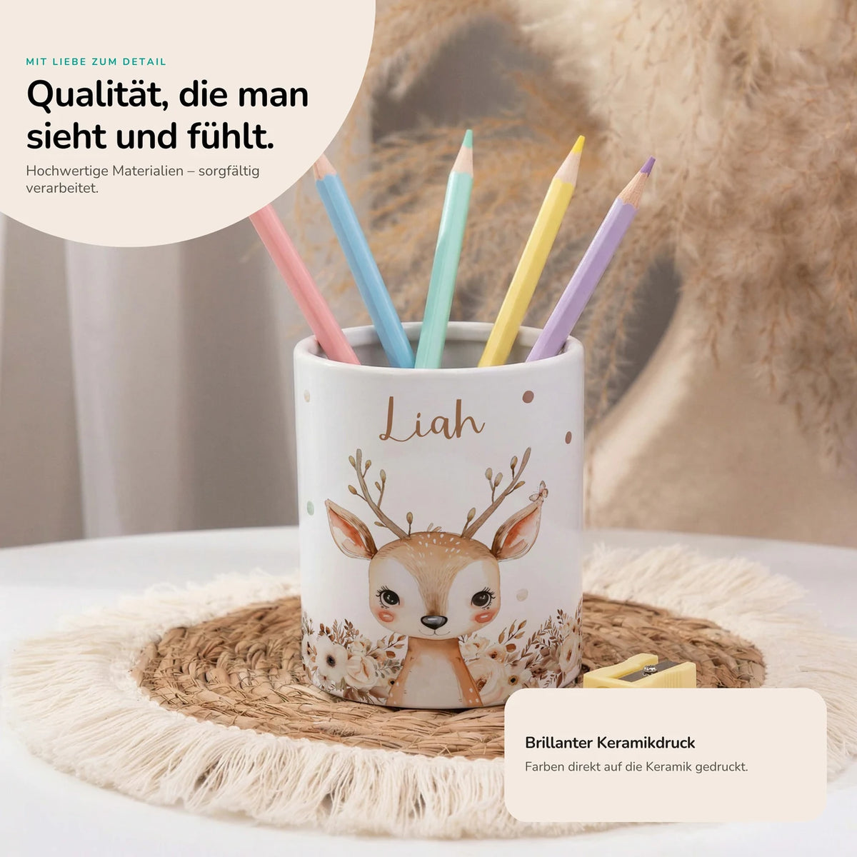 Personalisierter Stiftehalter Rehkitz Zweige – Keramik mit Wunschname