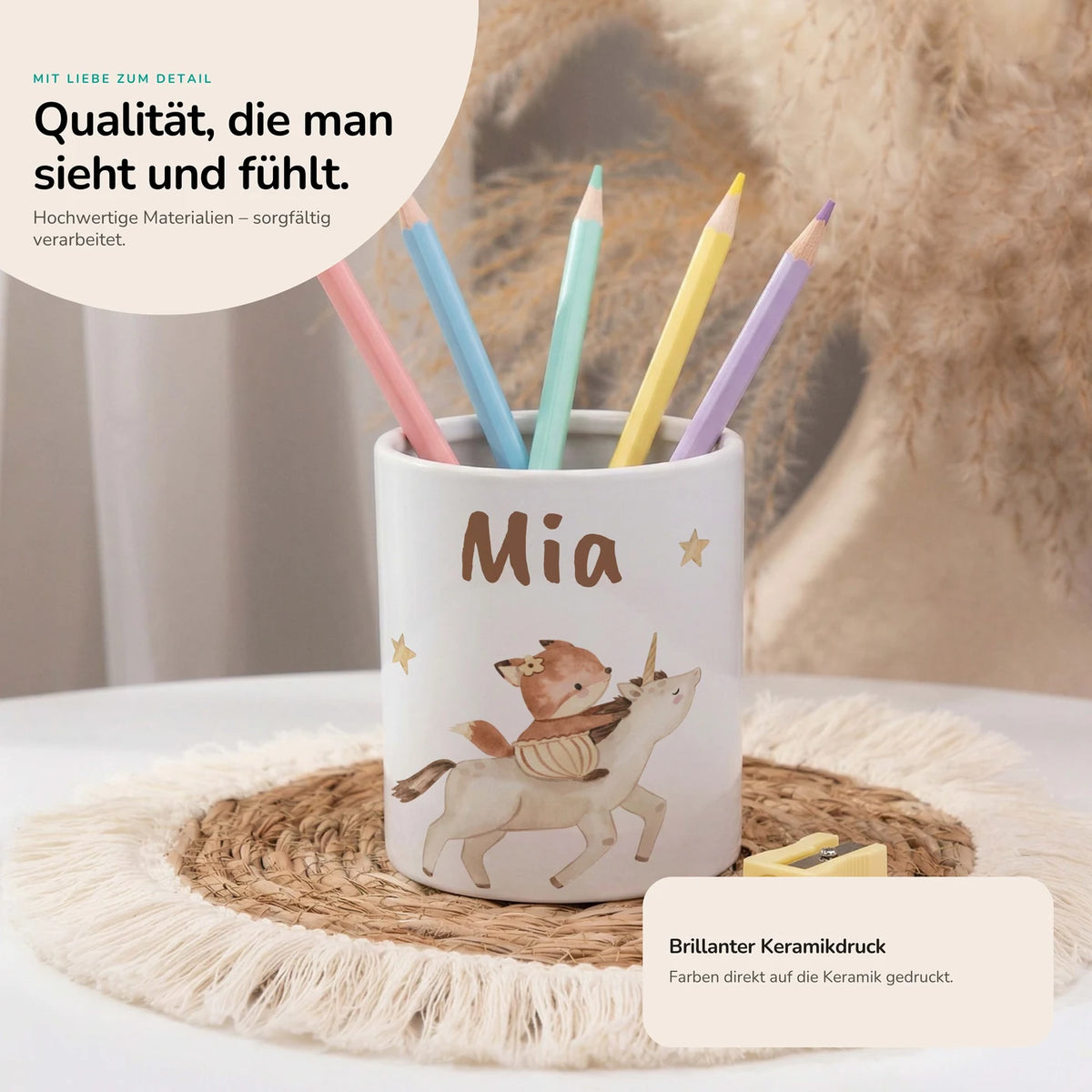 Personalisierter Stiftehalter Fuchs & Einhorn – Keramik mit Wunschname