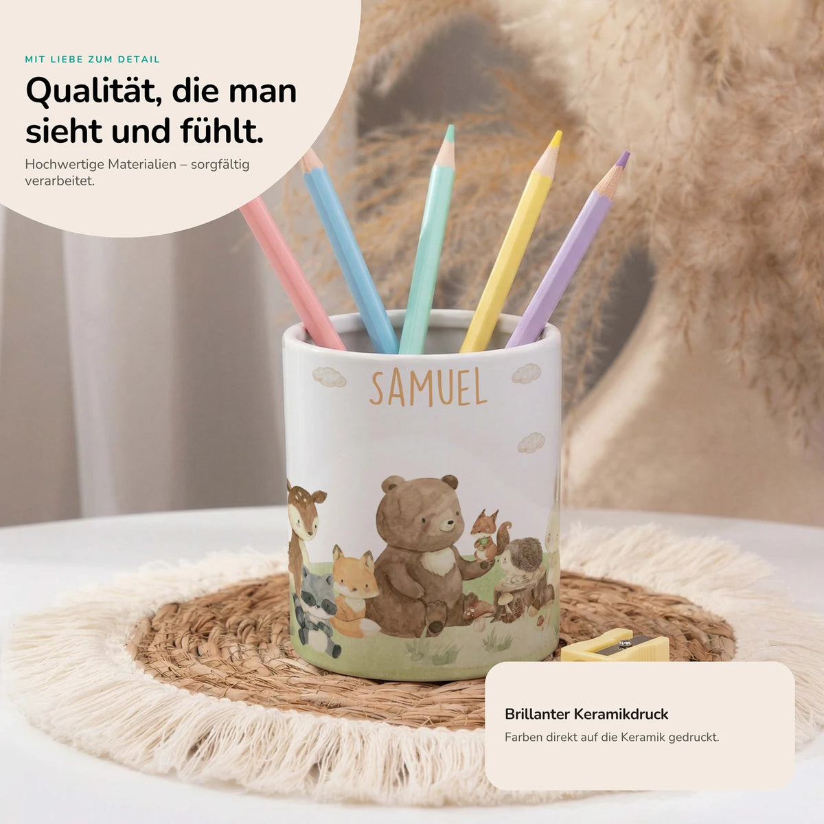 Personalisierter Stiftehalter Waldfreunde IV – Keramik mit Wunschname