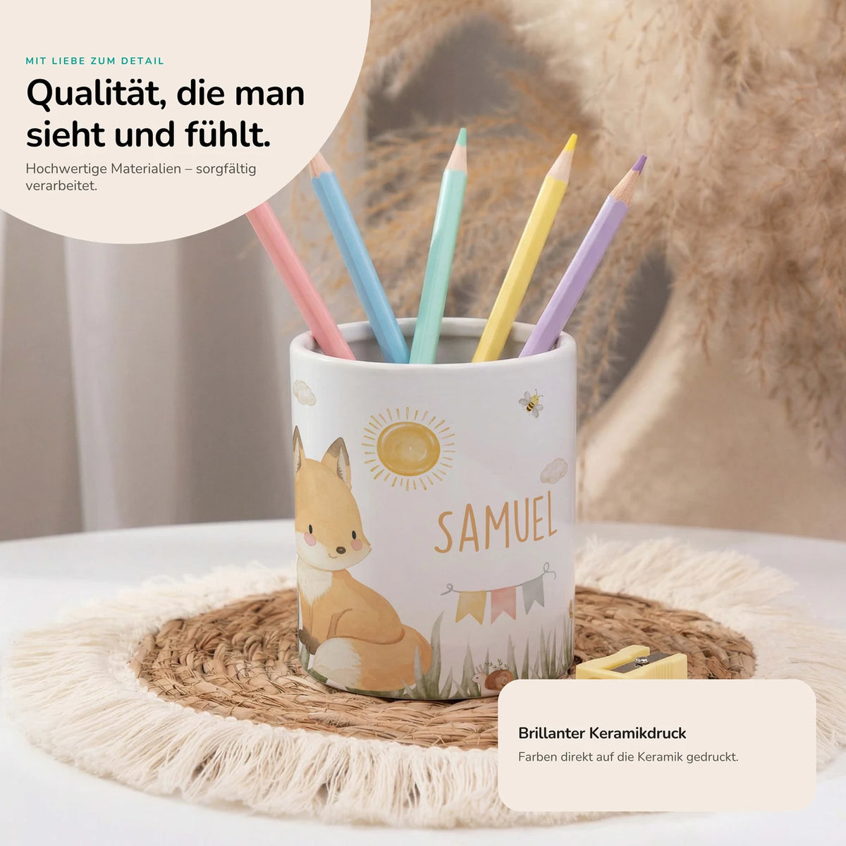Personalisierter Stiftehalter Fuchs Sommer – Keramik mit Wunschname