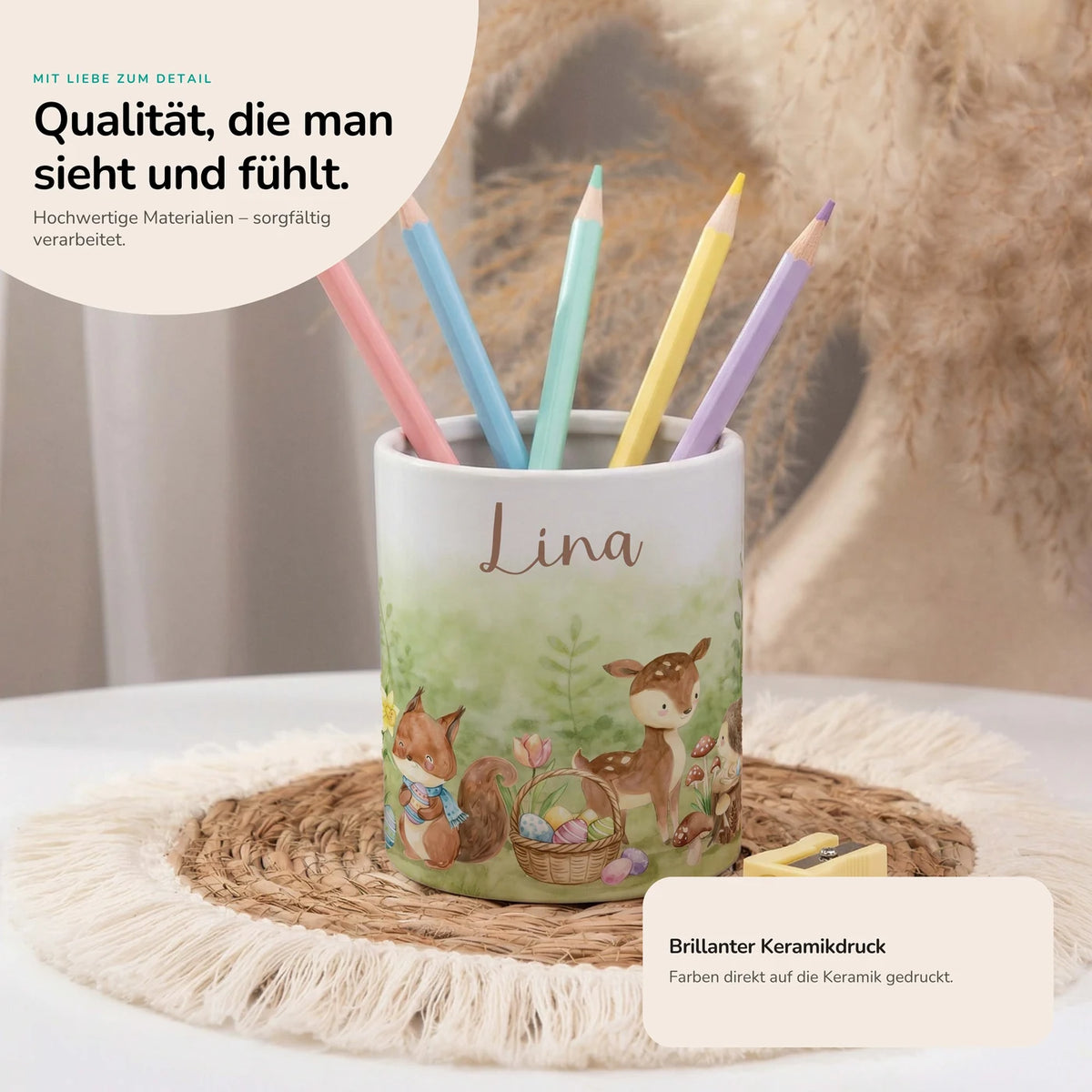 Personalisierter Stiftehalter Ostern Reh & Fuchs – Keramik mit Wunschname