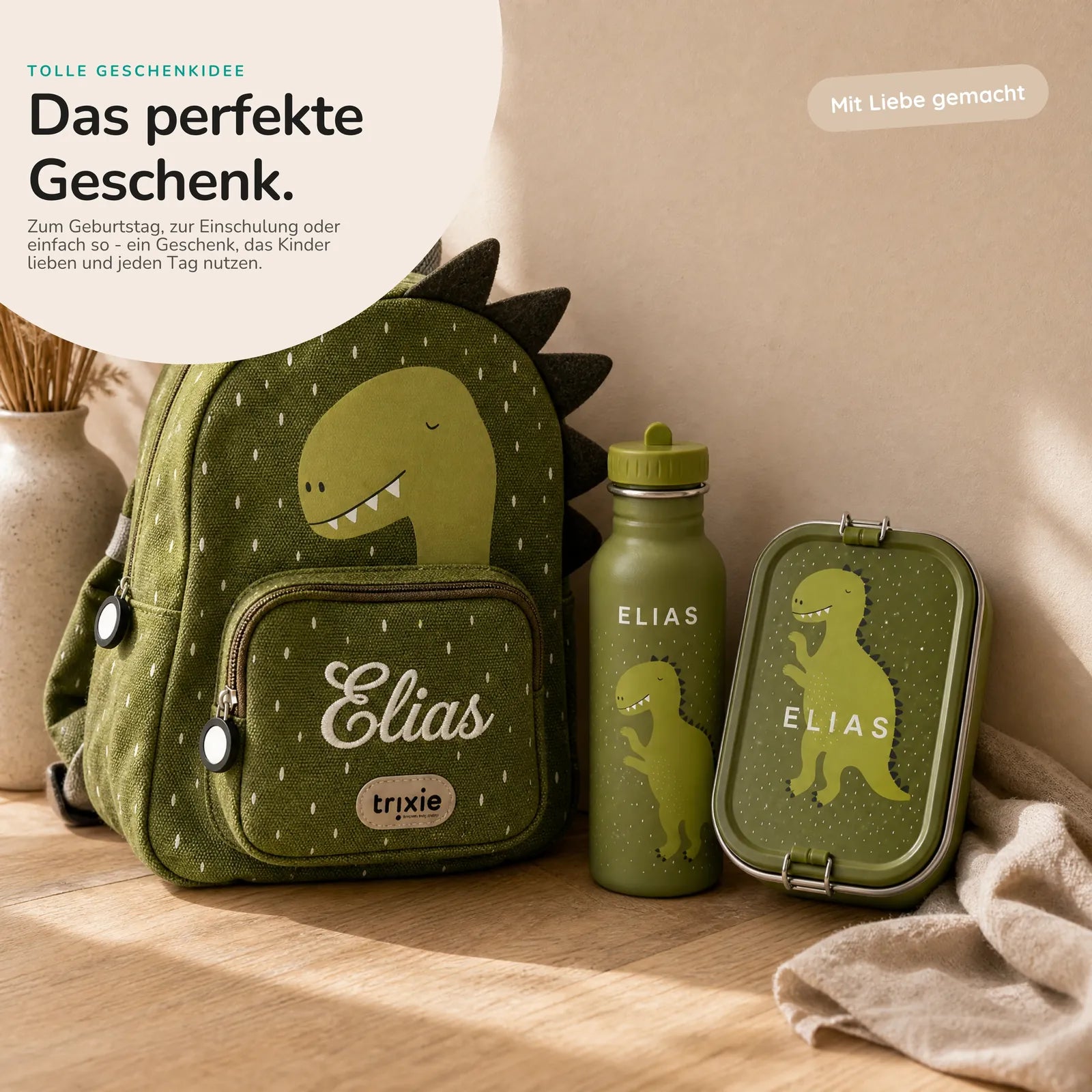 Trixie Kindergarten Set Dino, Kita-Set mit Rucksack, Brotdose und Trinkflasche