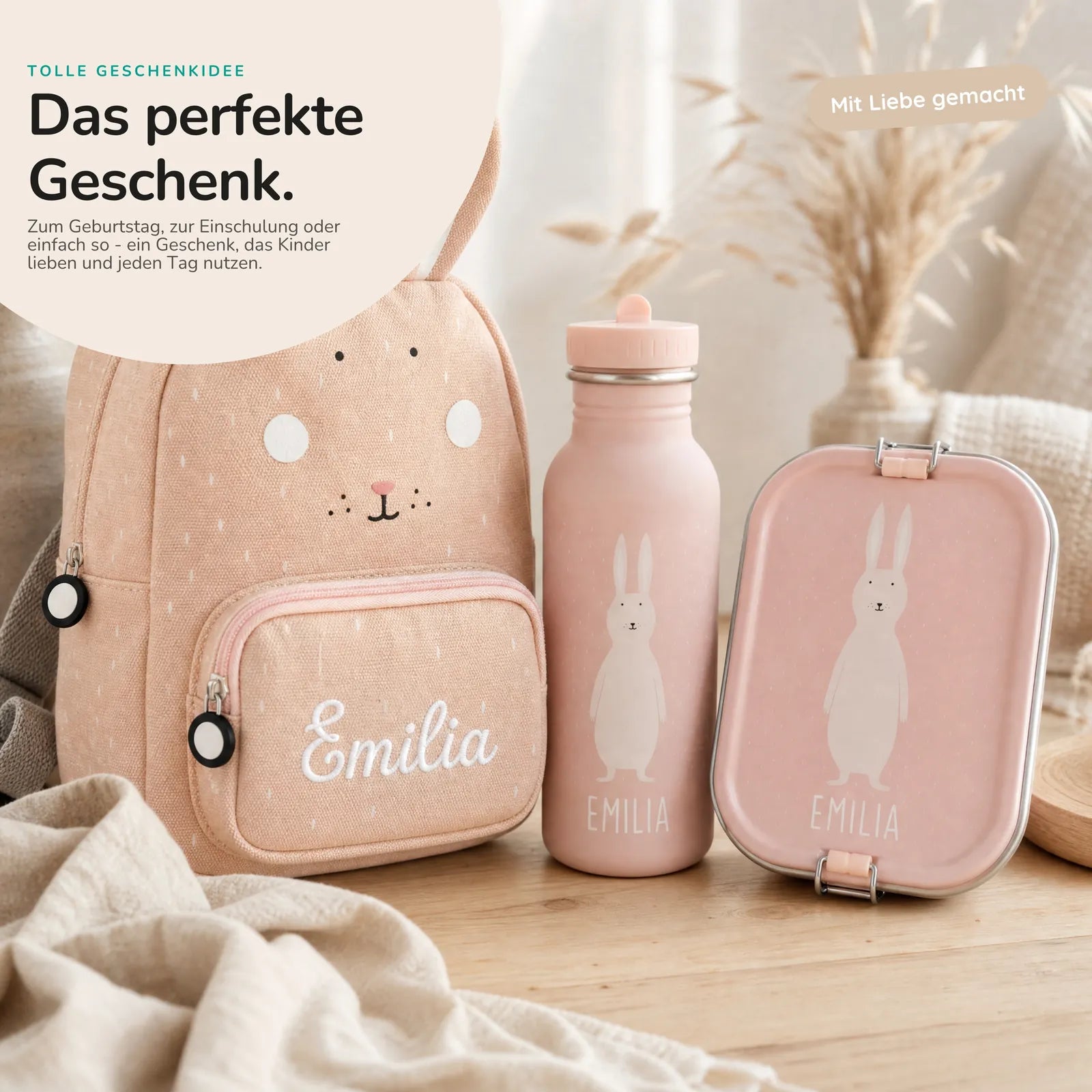 Trixie Kindergarten Set Hase, Kita-Set mit Rucksack, Brotdose und Trinkflasche