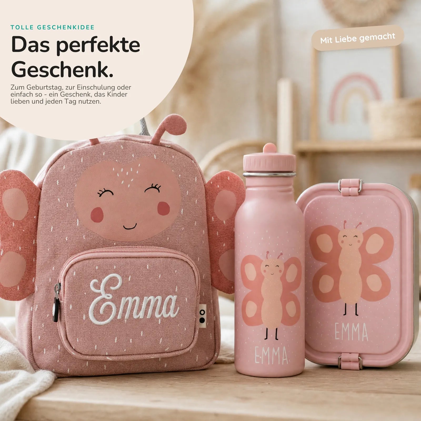 Trixie Kindergarten Set Schmetterling, Kita-Set mit Rucksack, Brotdose und Trinkflasche